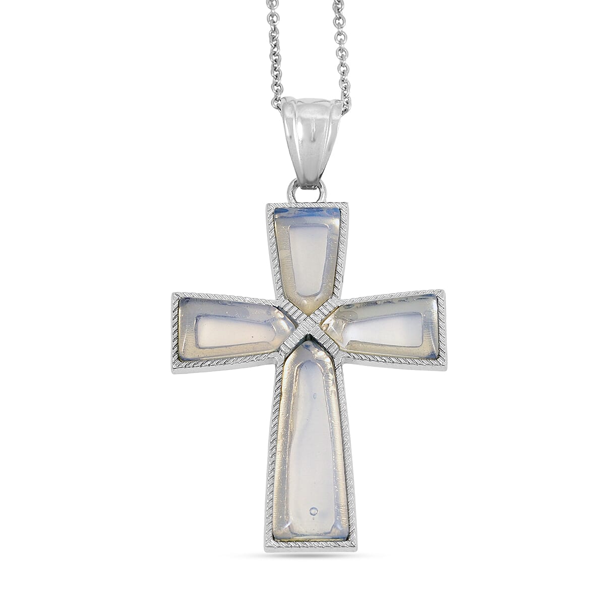 Opalite Cross Pendant in Silvertone with Stainless Steel Necklace (20 Inches) 16.00 ctw