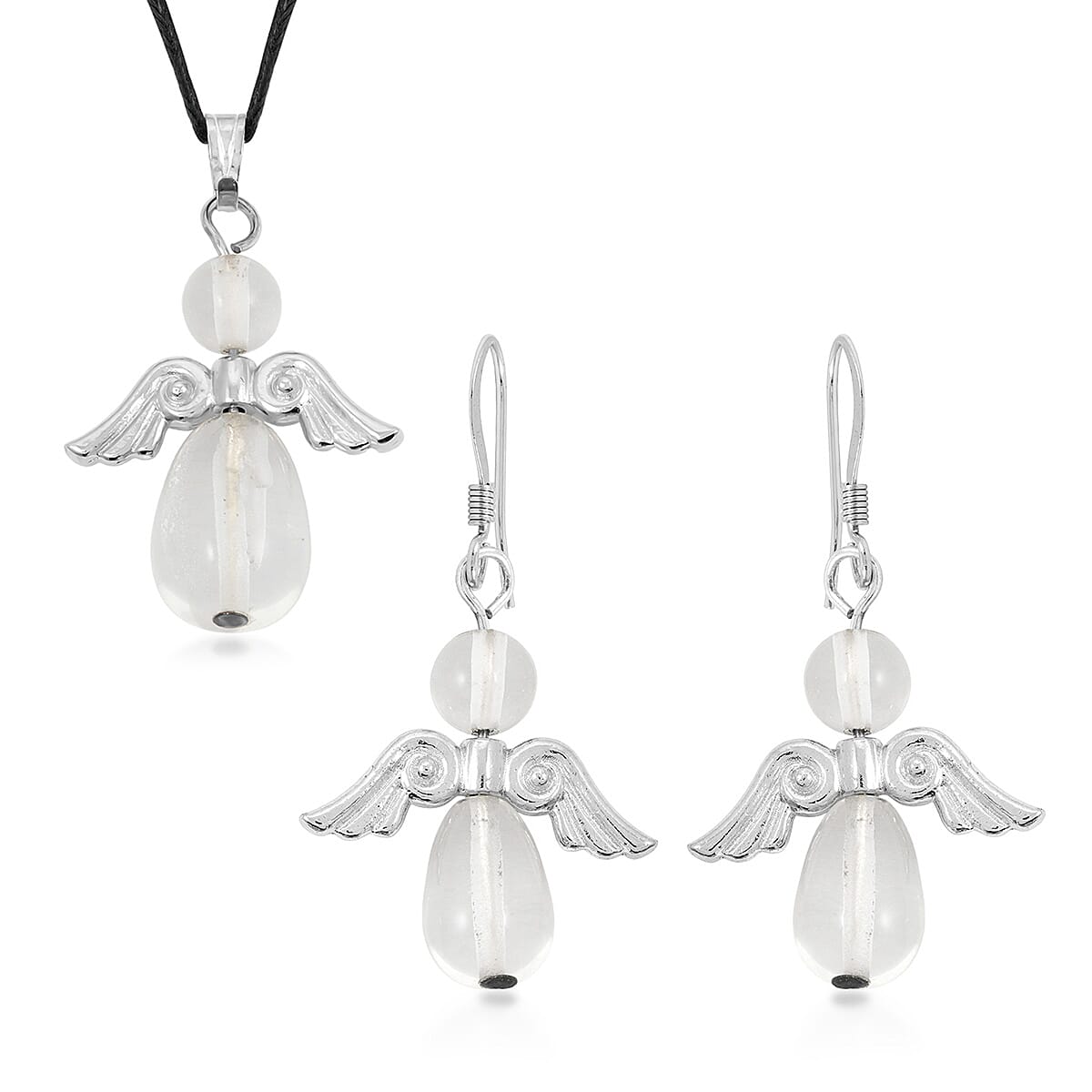 2 Piece Set - Lab Created Crystal Angel Adjustable Black Cord Necklace (14 Inches) and Earrings in Silvertone 27.00 ctw