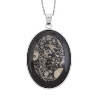 Bradiopods Fossil, Blackstone Pendant Necklace (20 Inches) in Stainless Steel 46.00 ctw