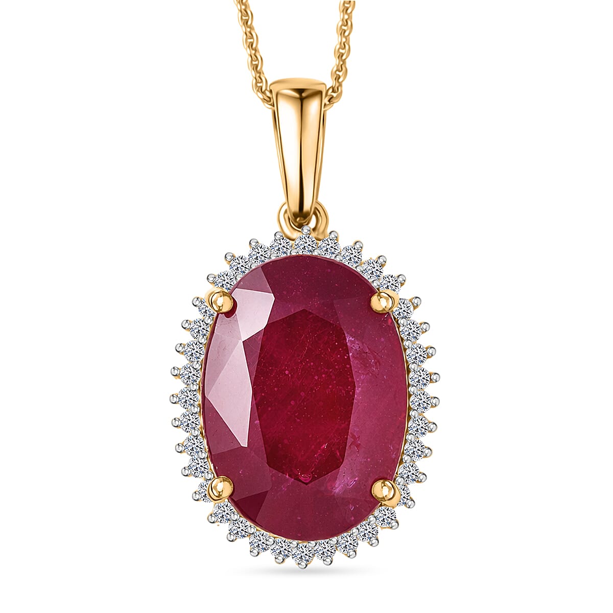 Premium Niassa Ruby and Luxuriant Lab Grown Diamond 20.70 ctw Pendant Necklace in 18K Vermeil Yellow Gold Over Sterling Silver 20 Inches