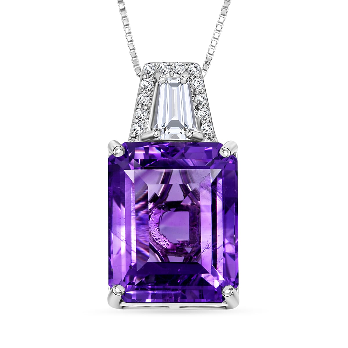 D'Joy Premium Lusaka Amethyst and Moissanite 6.60 ctw Signature Pendant Necklace in Rhodium Over Sterling Silver 20 Inches
