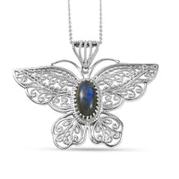 D'Joy Passport to Turkey AAA Malagasy Labradorite 2.35 ctw Butterfly Pendant Necklace in Rhodium Over Sterling Silver 20 Inches