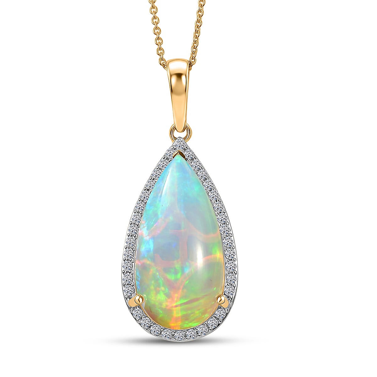 Premium Ethiopian Welo Opal and Luxuriant Lab Grown Diamond G-H SI 7.10 ctw Prism Flame Pendant Necklace in 10K Yellow Gold 20 Inches