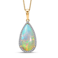 Premium Ethiopian Welo Opal and Luxuriant Lab Grown Diamond G-H SI 7.10 ctw Prism Flame Pendant Necklace in 10K Yellow Gold 20 Inches