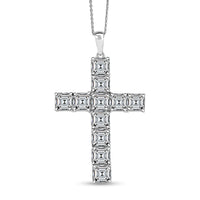 D'Joy Premium Asscher Cut White Topaz 16.00 ctw Cross Eternal Spark Pendant Necklace in Rhodium Over Sterling Silver (20 Inches)