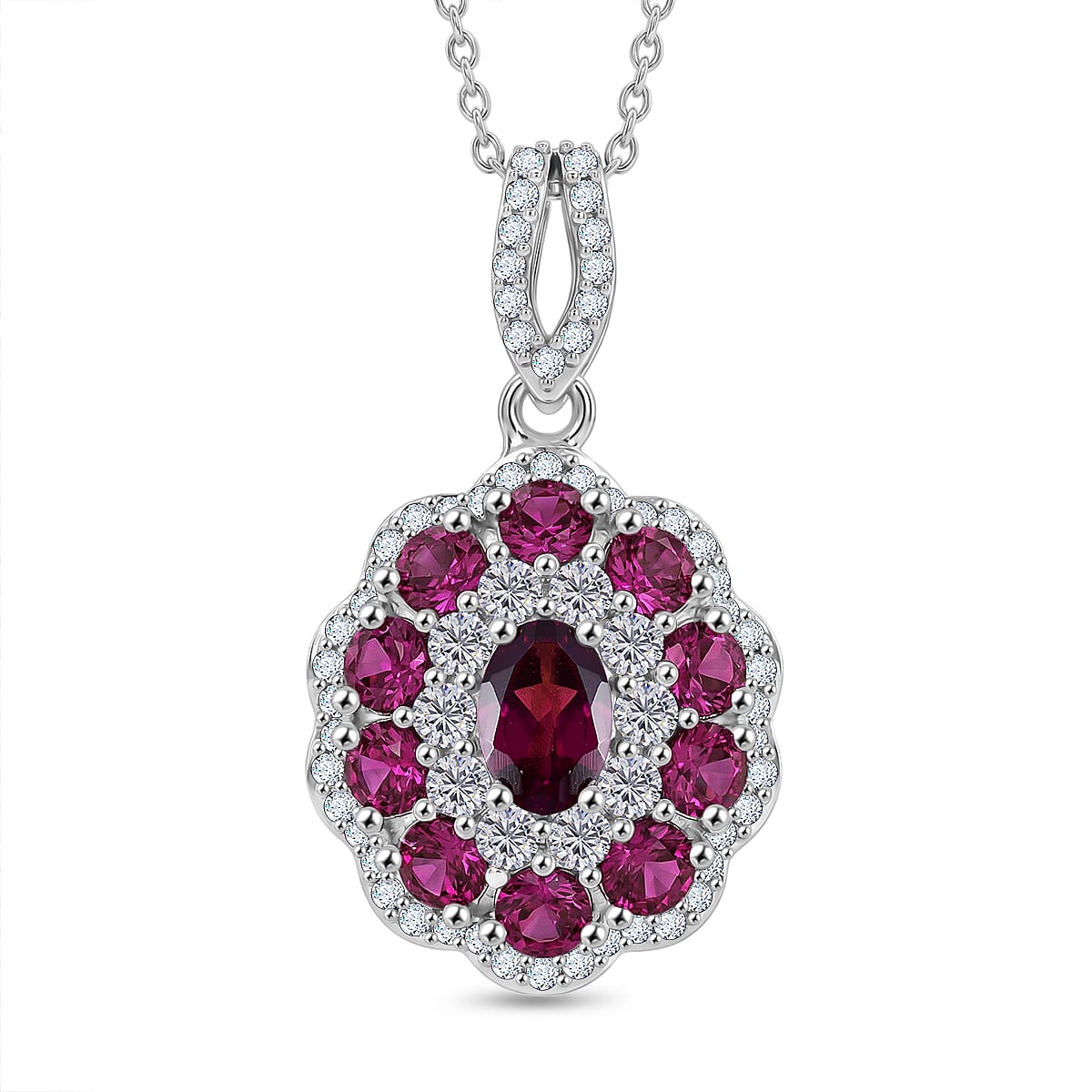 D'Joy AAA Radiant Ember Garnet and Moissanite 2.70 ctw Majestic Cluster Pendant Necklace in Rhodium Over Sterling Silver 20 Inches