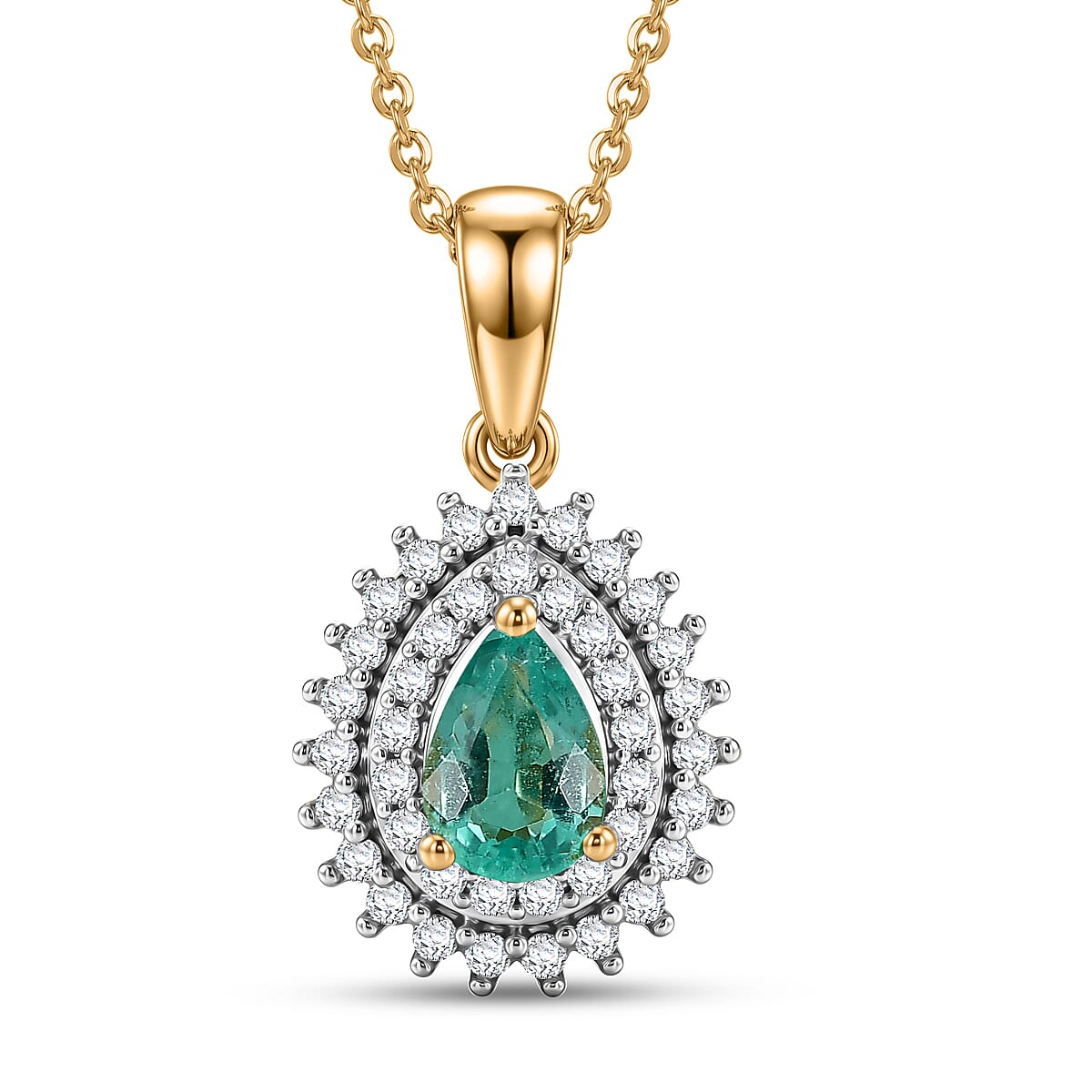 D'Joy Boyaca Colombian Emerald and Moissanite 0.60 ctw Pear Crown Halo Pendant Necklace in 18K Vermeil Yellow Gold Over Sterling Silver 20 Inches
