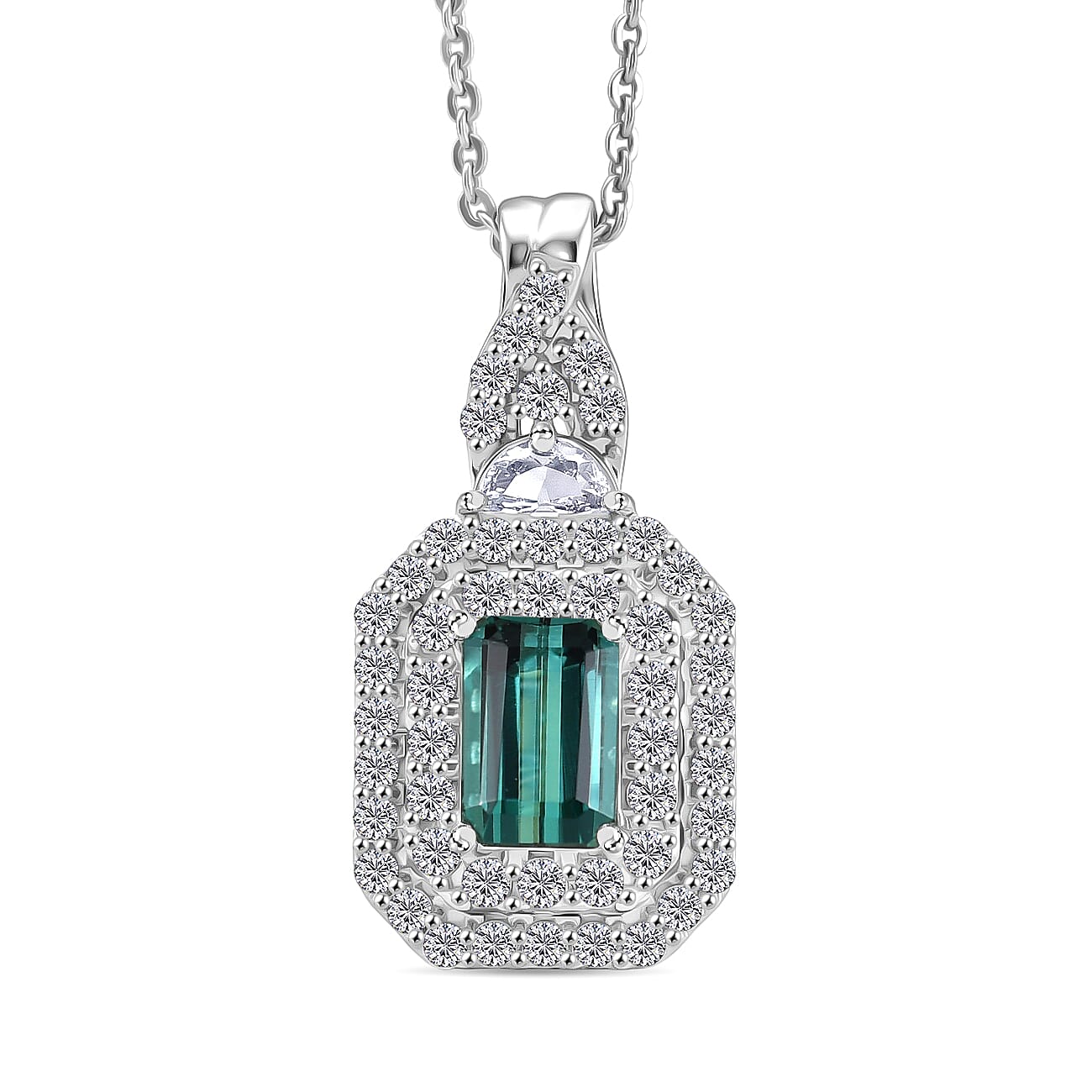 Certified & Appraised D'Joy Pirineu Lagoon Tourmaline and Moissanite 1.50 ctw Pendant Necklace in Rhodium Over Sterling Silver 20 Inches