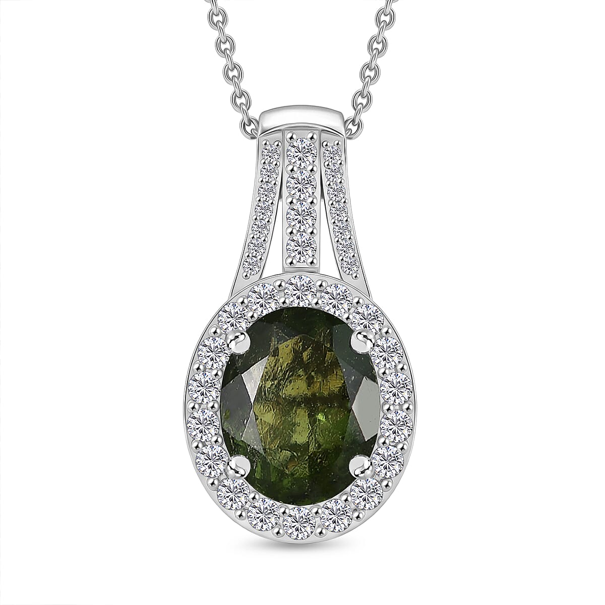 D'Joy Premium Bohemian Moldavite and White Zircon 2.85 ctw Celestial Halo Pendant Necklace in Rhodium Over Sterling Silver (20 Inches)