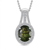 D'Joy Premium Bohemian Moldavite and White Zircon 2.85 ctw Celestial Halo Pendant Necklace in Rhodium Over Sterling Silver (20 Inches)