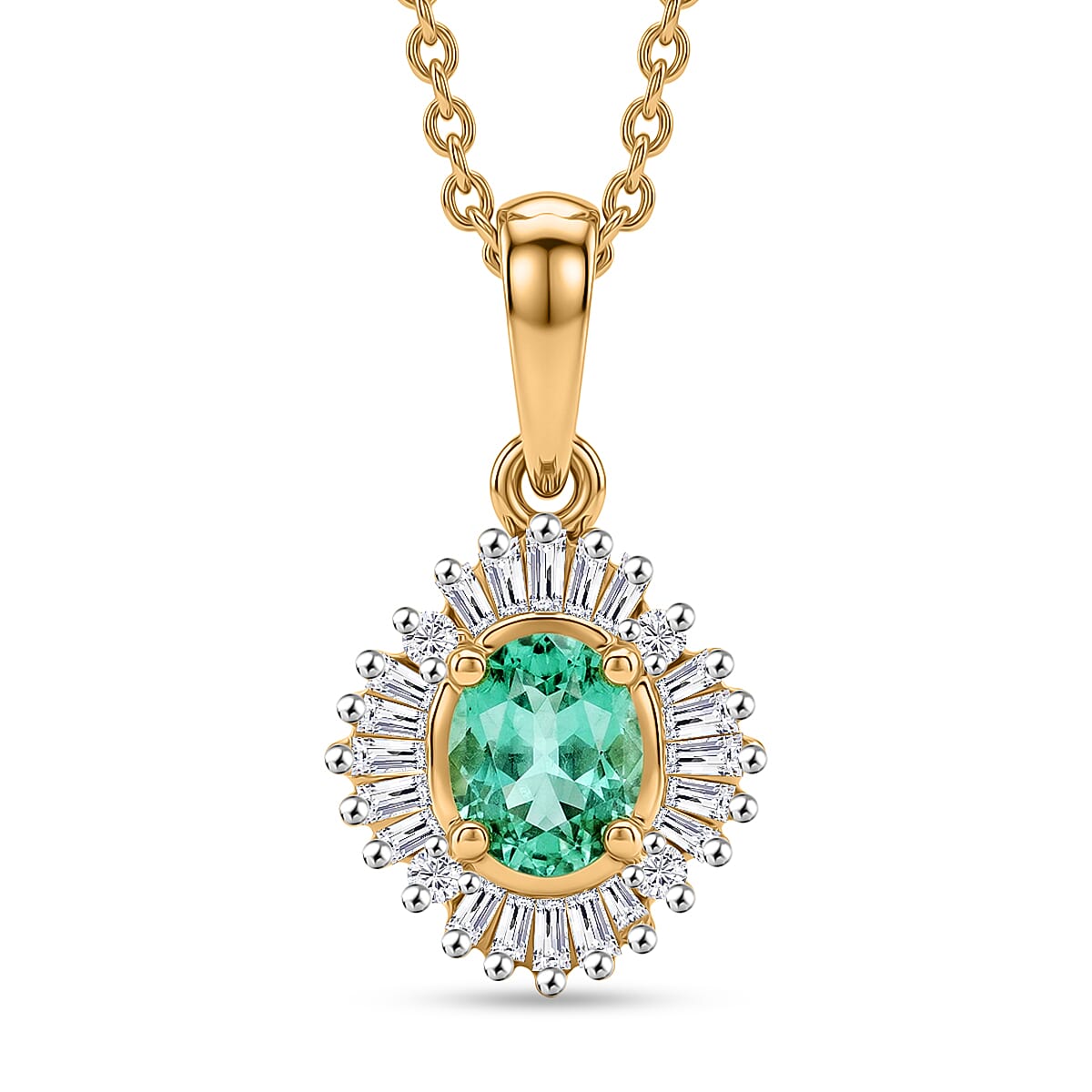D'Joy Boyaca Colombian Emerald and Diamond 0.50 ctw  Sunburst Halo Pendant Necklace in 18K Vermeil Yellow Gold Over Sterling Silver 20 Inches