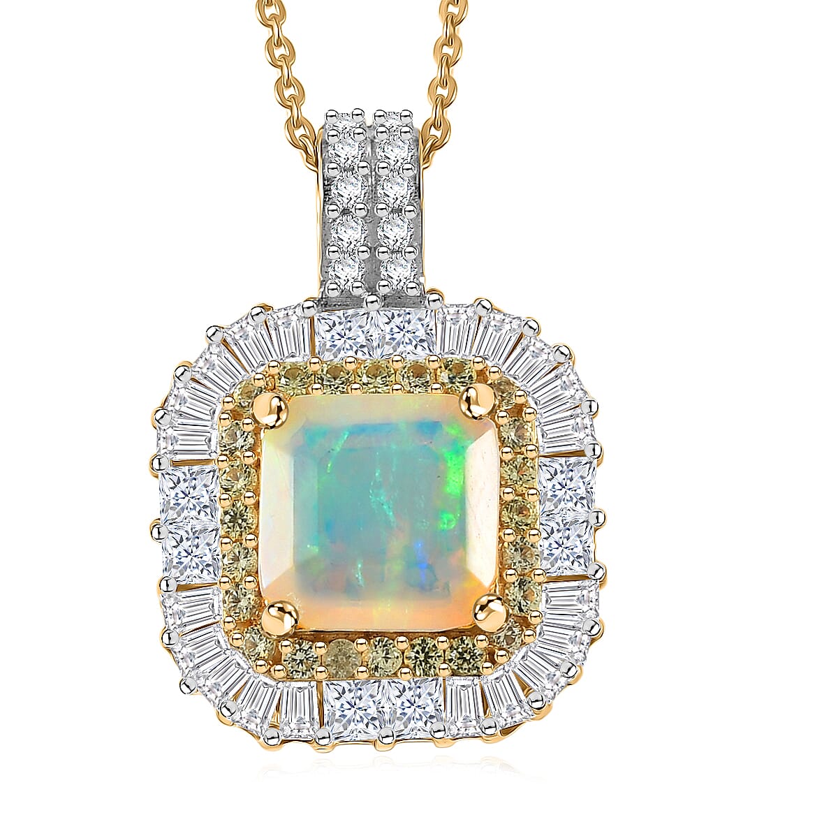 D'Joy Premium Asscher Cut Ethiopian Welo Opal and Multi Gemstone 2.65 ctw Prism Crown Pendant Necklace in 18K Vermeil Yellow Gold Over Sterling Silver 20 Inches