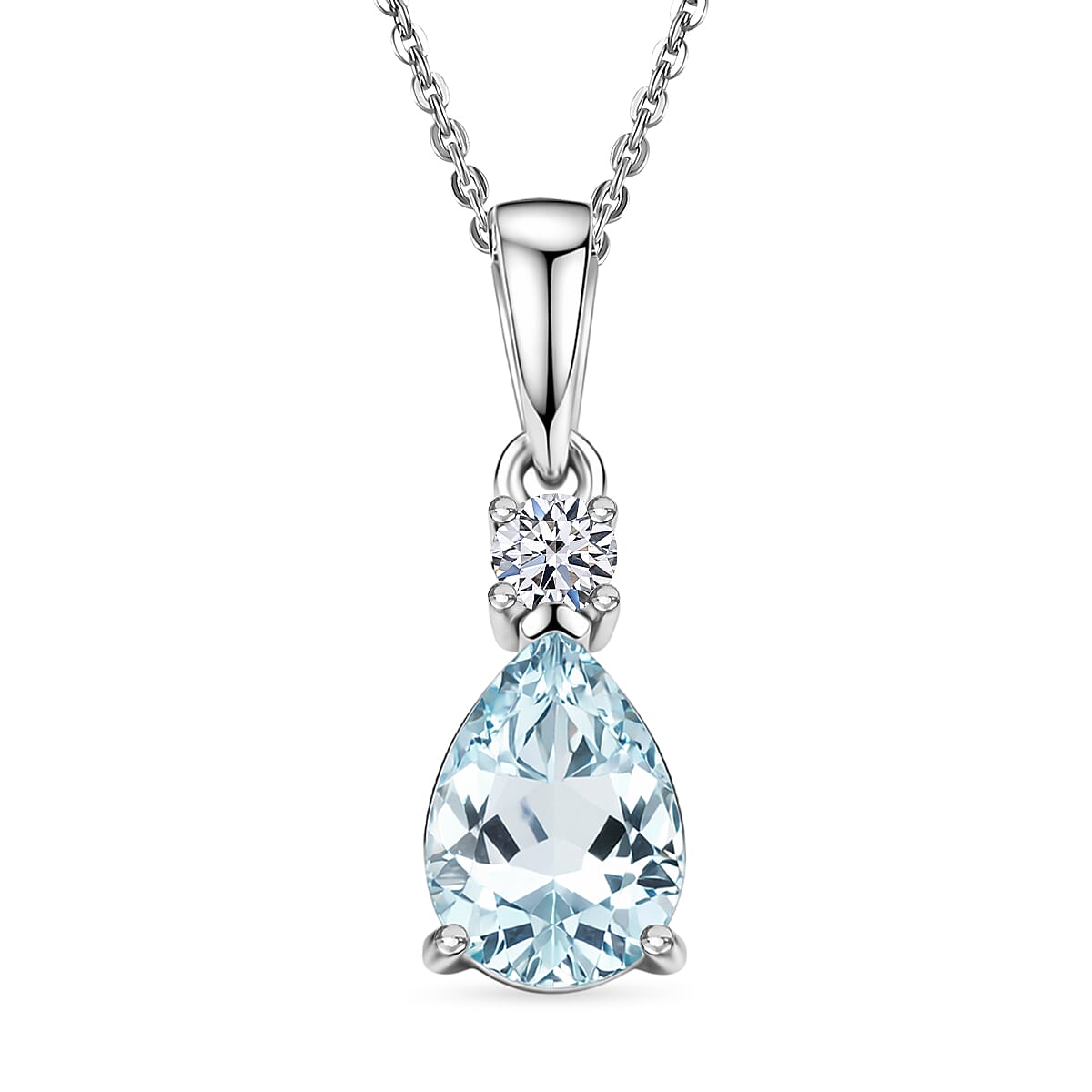 Premium Mangoro Aquamarine and Luxuriant Lab Grown Diamond G-H SI 1.00 ctw The Regal Pear Pendant Necklace in Rhodium Over Sterling Silver 20 Inches  (Del. In 8-10 Days)