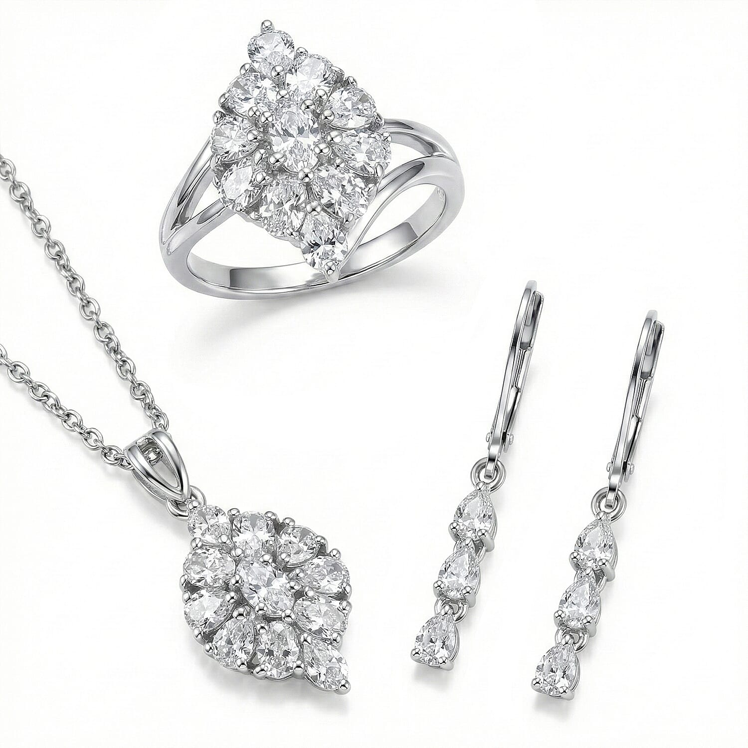 EverTrue Lab Created White Sapphire Floral Cluster Earrings, Ring (Size 5.00) and Pendant Necklace (20 Inches) in Platinum Bond and Stainless Steel 5.35 ctw