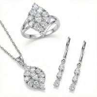 EverTrue Lab Created White Sapphire Floral Cluster Earrings, Ring (Size 5.00) and Pendant Necklace (20 Inches) in Platinum Bond and Stainless Steel 5.35 ctw