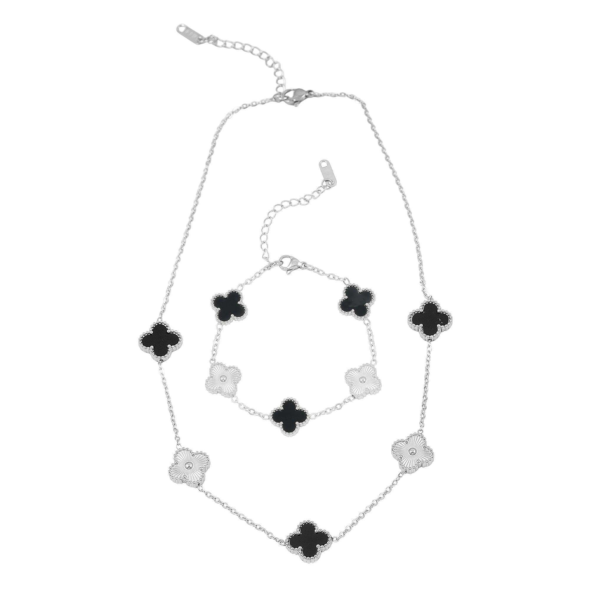 2 Piece Set - Black Onyx Clover Bracelet (7.00- 9.00In) and Necklace (16-18 Inches) in Stainless Steel 18.00 ctw