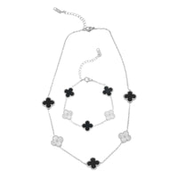 2 Piece Set - Black Onyx Clover Bracelet (7.00- 9.00In) and Necklace (16-18 Inches) in Stainless Steel 18.00 ctw