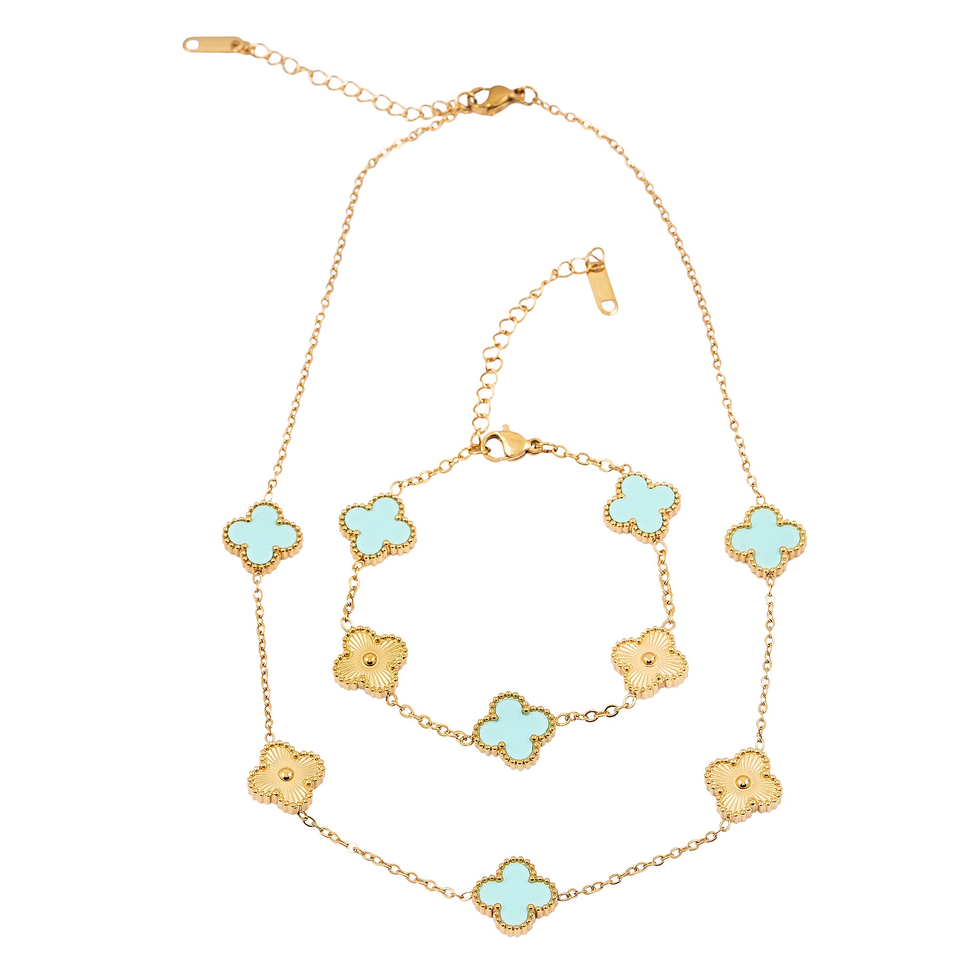 2 Piece Set - Austrian Crystal Clover Bracelet (7.00- 9.00In) and Necklace (16-18 Inches) in ION Plated YG Stainless Steel