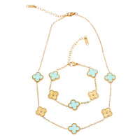 2 Piece Set - Austrian Crystal Clover Bracelet (7.00- 9.00In) and Necklace (16-18 Inches) in ION Plated YG Stainless Steel