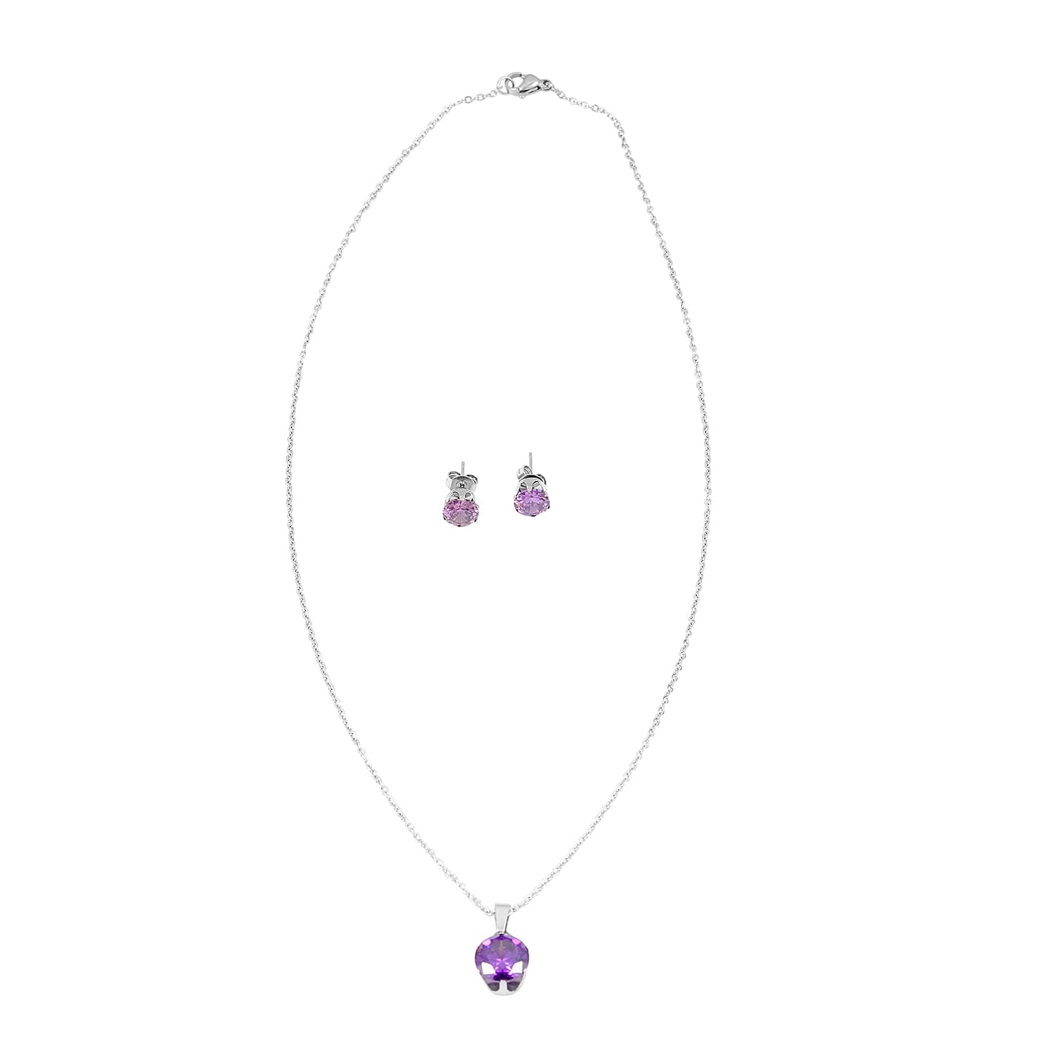 2 Piece Set - Purple Austrian Crystal Solitaire Earrings and Pendant Necklace (18 Inches) in Stainless Steel