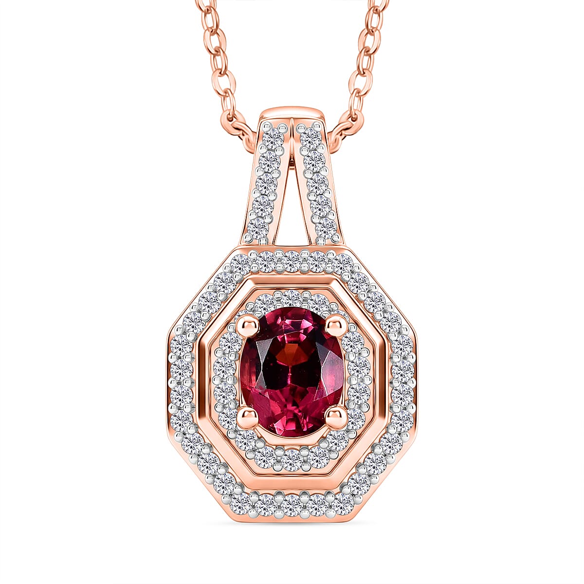 D'Joy Premium Ouro Fino Rubellite and Moissanite 0.65 ctw Passion Halo Pendant Necklace in 18K Vermeil Rose Gold Over Sterling Silver 20 Inches