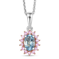 D'Joy Santa Maria Aquamarine and Madagascar Pink Sapphire 0.60 ctw Ocean Blossom Pendant Necklace in Rhodium Over Sterling Silver 20 Inches