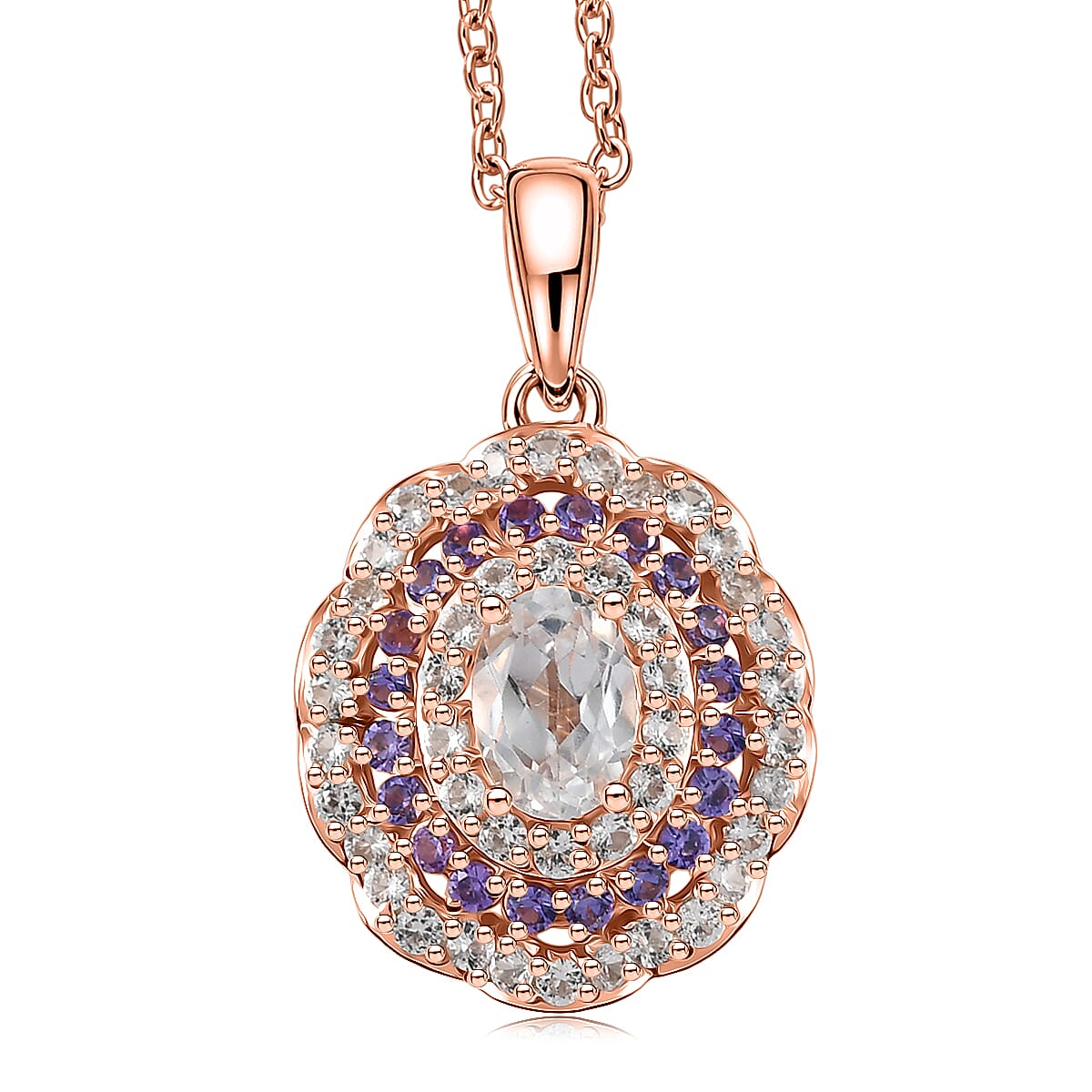 EverTrue Lab Created White and Purple Sapphire 2.30 ctw Royal halo Pendant with Stainless Steel Necklace 20 Inches