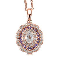 EverTrue Lab Created White and Purple Sapphire 2.30 ctw Royal halo Pendant with Stainless Steel Necklace 20 Inches