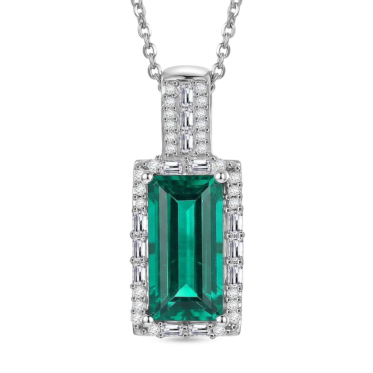 D'Joy Lab Grown Colombian Emerald and Moissanite 3.20 ctw Royal Garden Path Pendant Necklace in Rhodium Over Sterling Silver 20 Inches