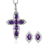 EverTrue African Amethyst Earrings and Pendant Necklace (20 Inches) in Stainless Steel 3.85 ctw