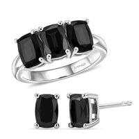 D'Joy Elite Shungite 2.40 ctw 3 Stone Ring (Size 8.0) and Solitaire Stud Earrings in Rhodium Over Sterling Silver