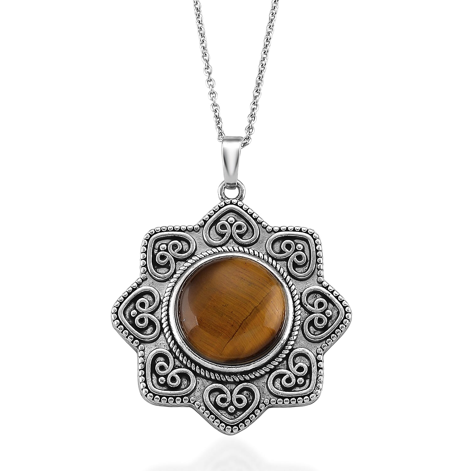 Yellow Tigers Eye Pendant in Silvertone with Stainless Steel Necklace (20 Inches) 38.00 ctw