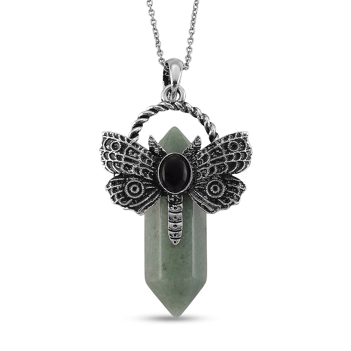 Green Aventurine, Black Austrian Crystal Pendant in Silvertone with Stainless Steel Necklace