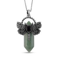 Green Aventurine, Black Austrian Crystal Pendant in Silvertone with Stainless Steel Necklace