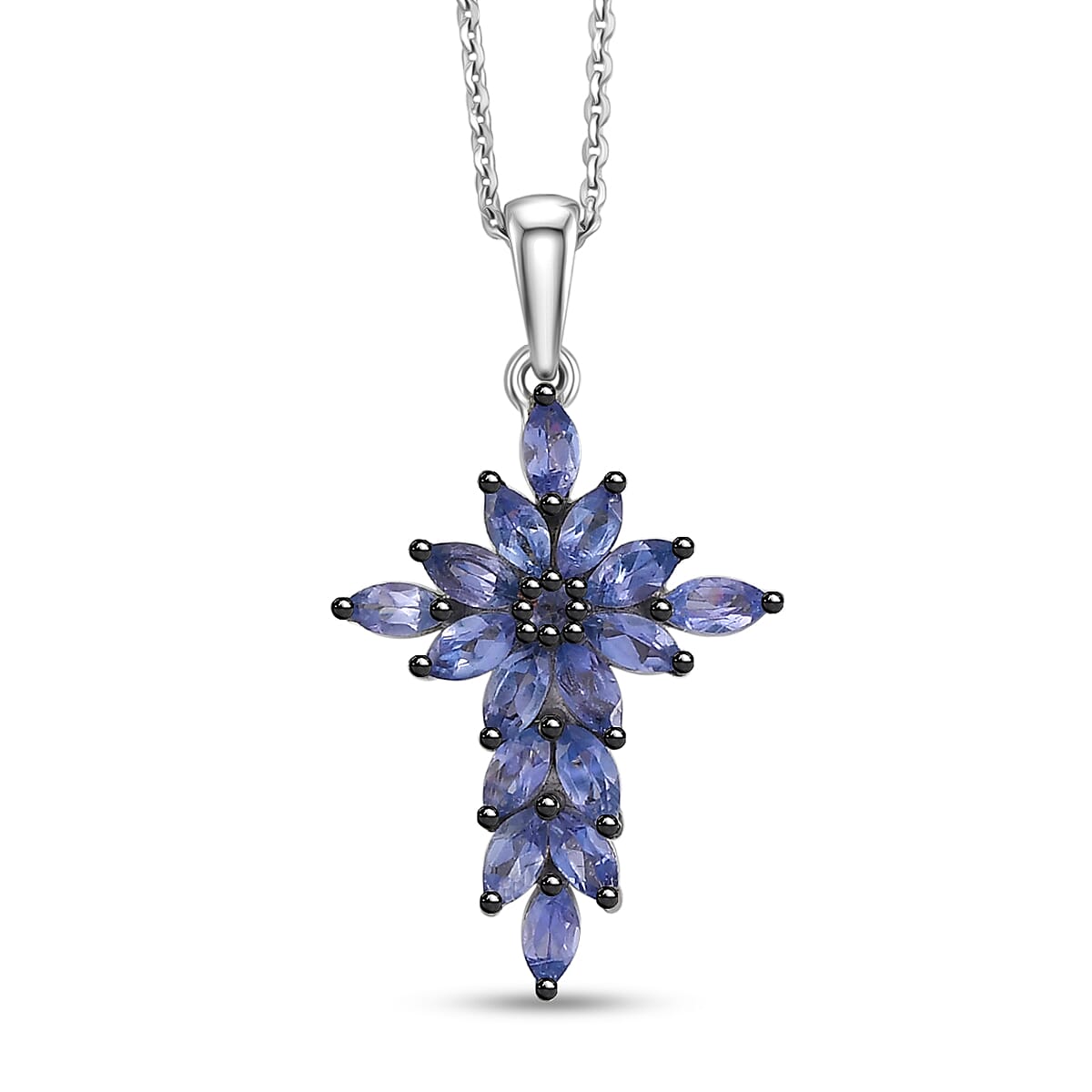 D'Joy Tanzanite 1.50 ctw Royal Spark Cross Pendant Necklace in Rhodium Over Sterling Silver 20 Inches