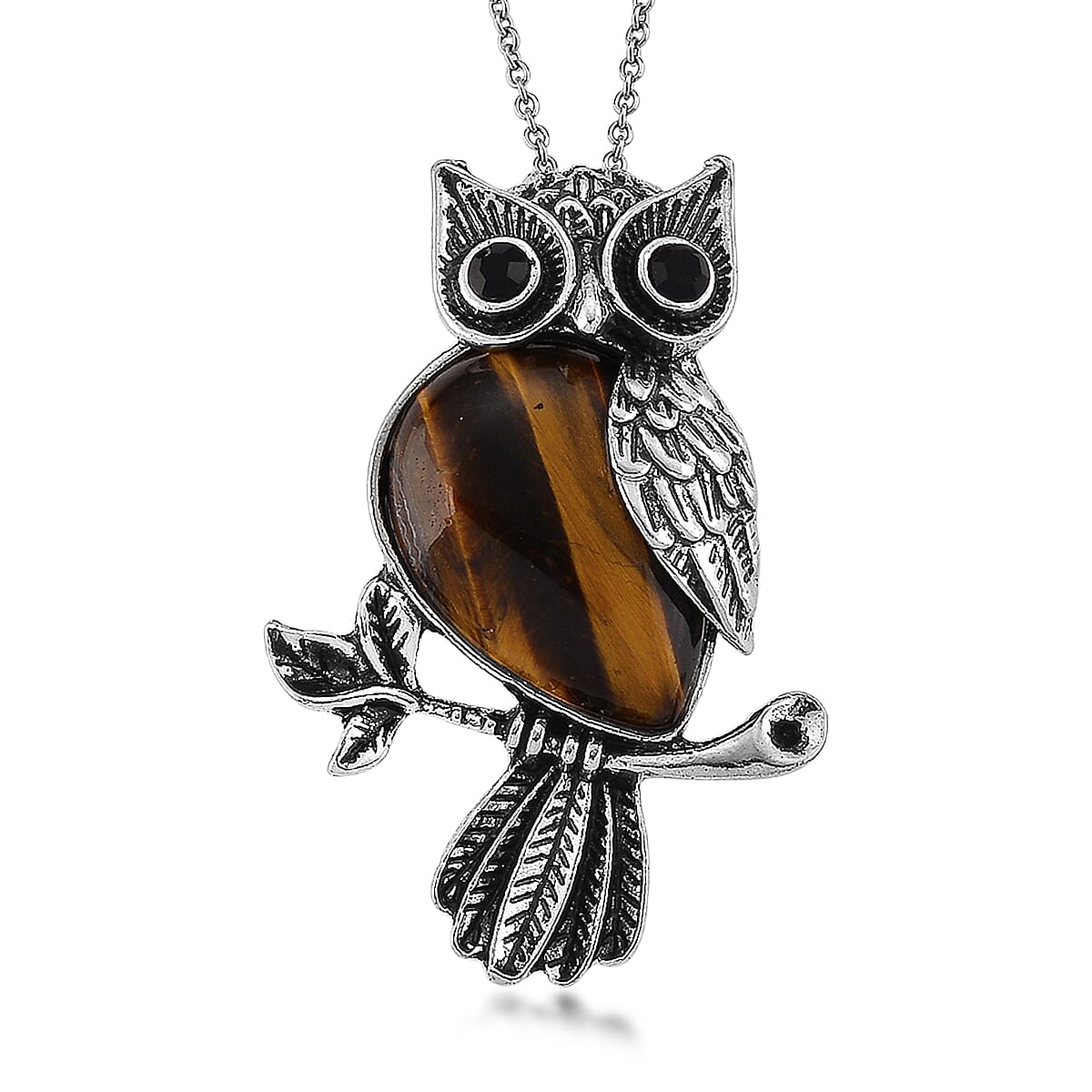 Yellow Tigers Eye & Black Crystal 33.00 ctw Pendant in Silvertone with Stainless Steel Necklace 20 Inches