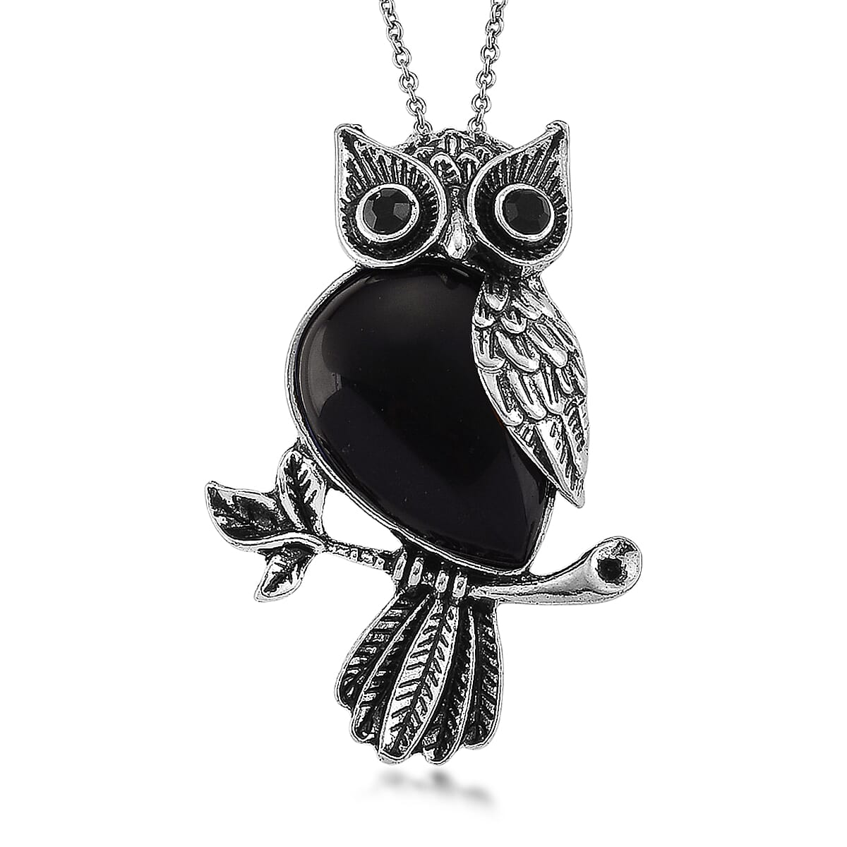 Black Obsidian & Black Crystal 33.00 ctw Pendant in Silvertone with Stainless Steel Necklace 20 Inches