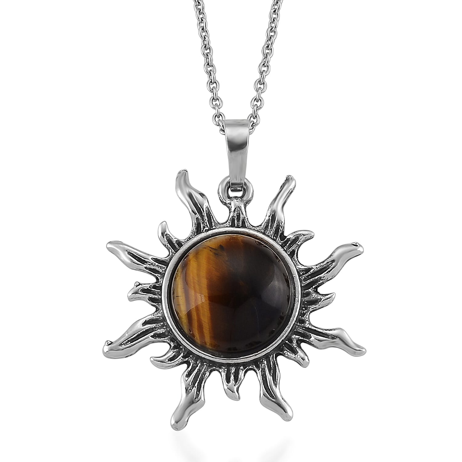 Yellow Tigers Eye Pendant in Silvertone with Stainless Steel Necklace (20 Inches) 18.00 ctw
