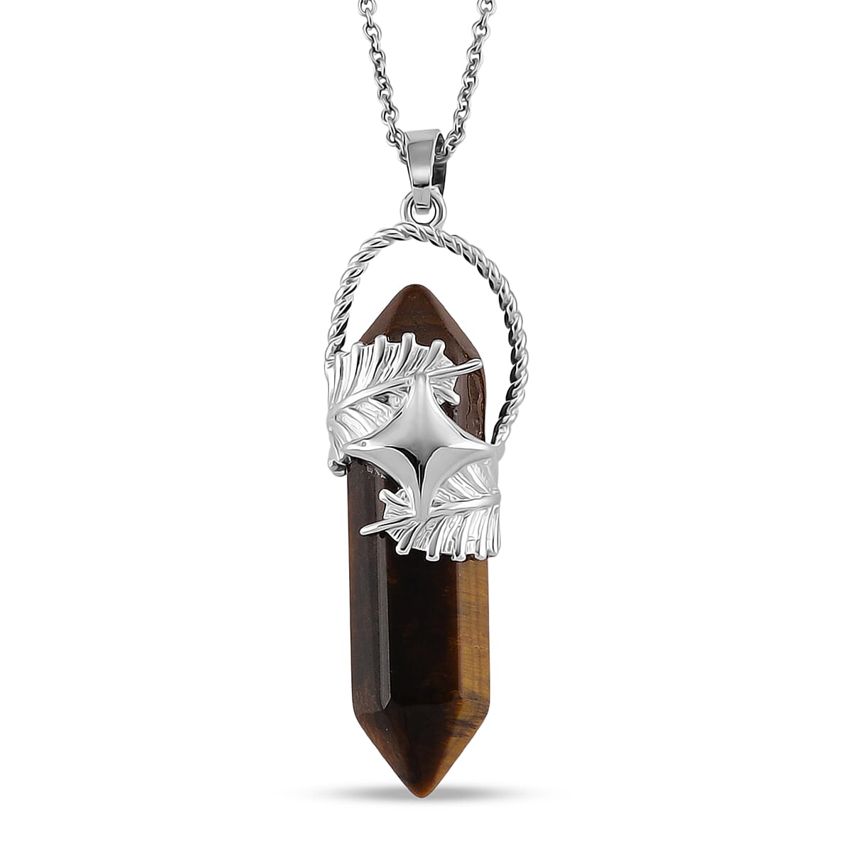 Yellow Tiger's Eye 33.00 ctw Pendant in Silvertone with Stainless Steel Necklace 20 Inches