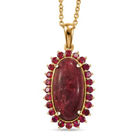EverTrue Premium Norwegian Thulite and Orissa Rhodolite Garnet 12.50 ctw Blooming Rose Elegance Pendant in 18K YG Plated with ION Plated YG Stainless Steel Necklace 20 Inches (Ships in 10-12 Days)
