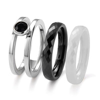Black and White Ceramic, Black Austrian Crystal Set of 3 Stack Ring in Stainless Steel (Size 7.0)