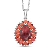 EverTrue Premium Norwegian Thulite and Multi Gemstone 10.10 ctw Blooming Dewdrop Halo Pendant in Platinum Bond with Stainless Steel Necklace 20 Inches (Ships in 10-12 Days)