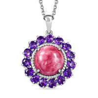 EverTrue Premium Norwegian Thulite and African Amethyst 10.60 ctw Blooming Petal Crown Pendant in Platinum Bond with Stainless Steel Necklace 20 Inches (Ships in 10-12 Days)