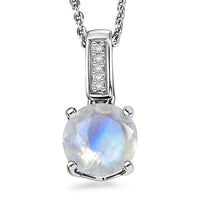 D'Joy Rainbow Moonstone and White Zircon 1.40 ctw Pendant Necklace in Rhodium Over Sterling Silver 20 Inches
