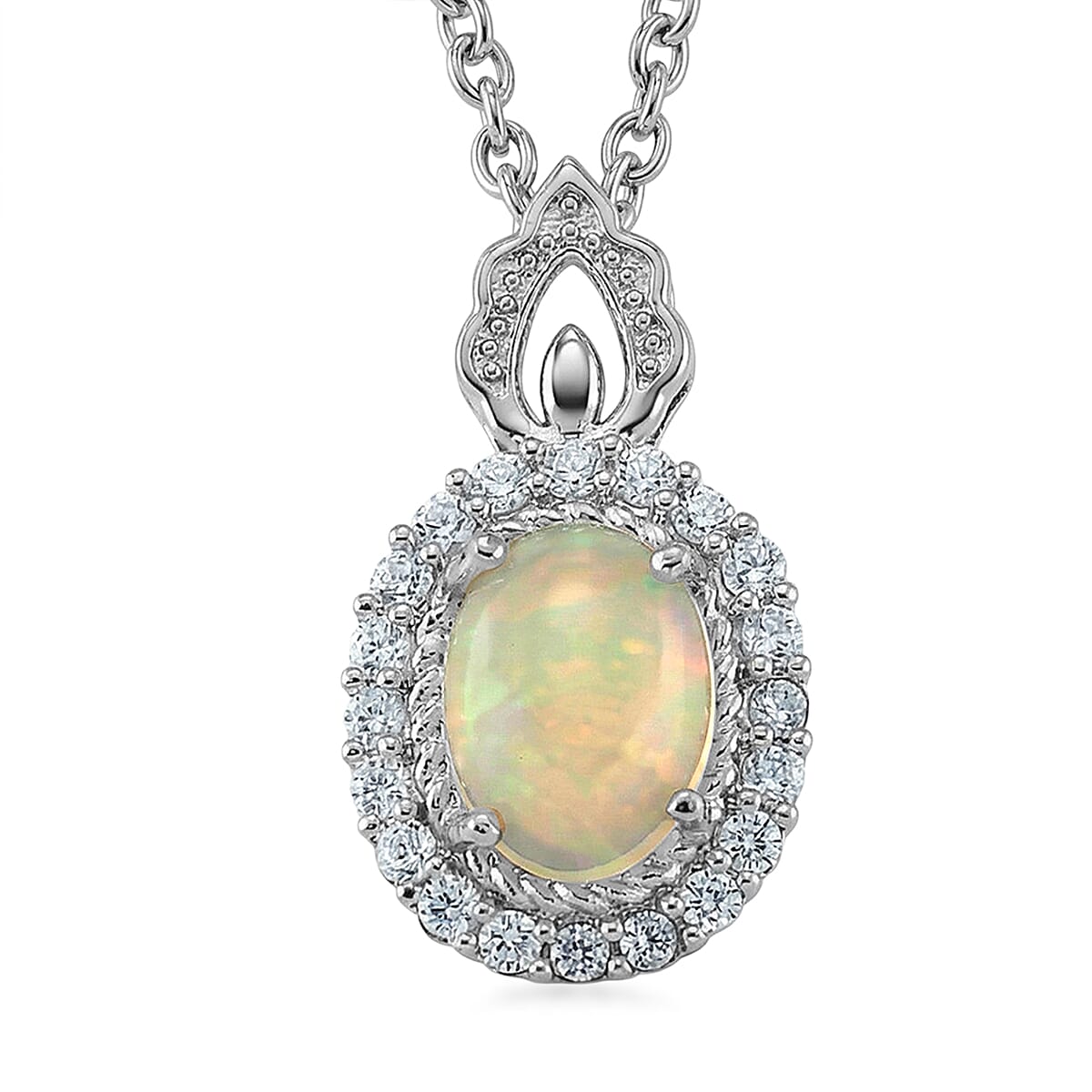 Opal and Simulated Diamond 6.00 ctw Pendant in Silvertone with Stainless Steel Necklace 20 Inches