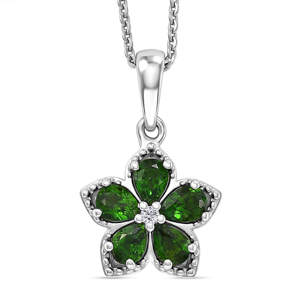 Premium Chrome Diopside and Luxuriant Lab Grown Diamond E-F SI 0.80 ctw Five Petal Bloom Pendant Necklace in Rhodium Over Sterling Silver 20 inches (Ships in 3-5 Days)