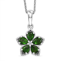 Premium Chrome Diopside and Luxuriant Lab Grown Diamond E-F SI 0.80 ctw Five Petal Bloom Pendant Necklace in Rhodium Over Sterling Silver 20 inches (Ships in 3-5 Days)