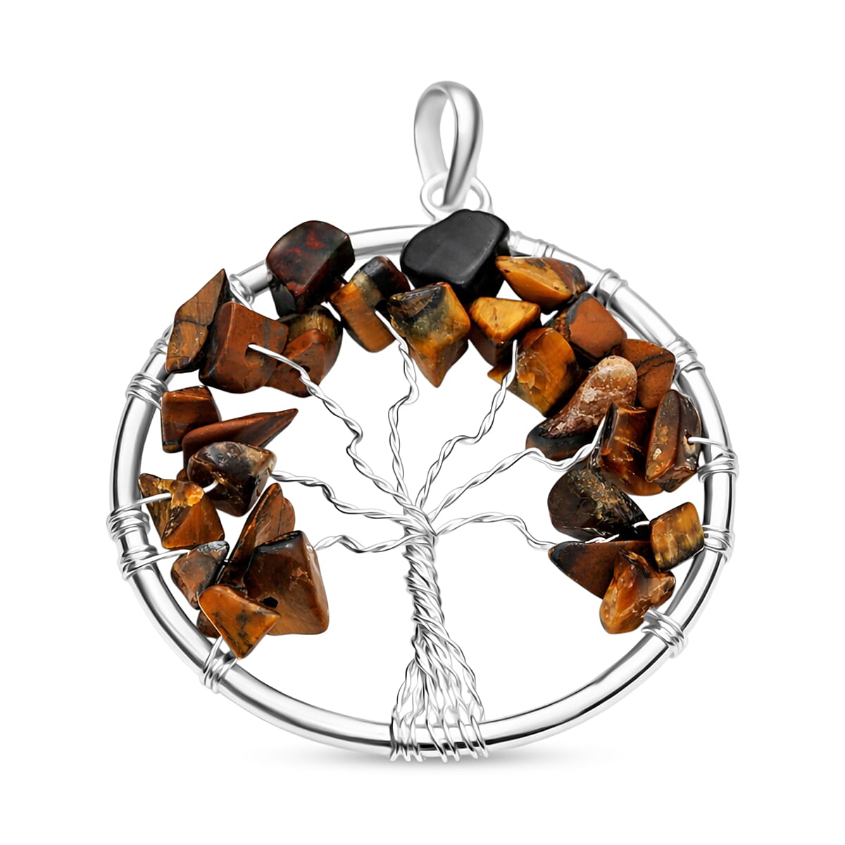 Tiger's Eye Tree of Life Pendant in Silvertone with Stainless Steel Necklace (20 Inches) 5.25 ctw