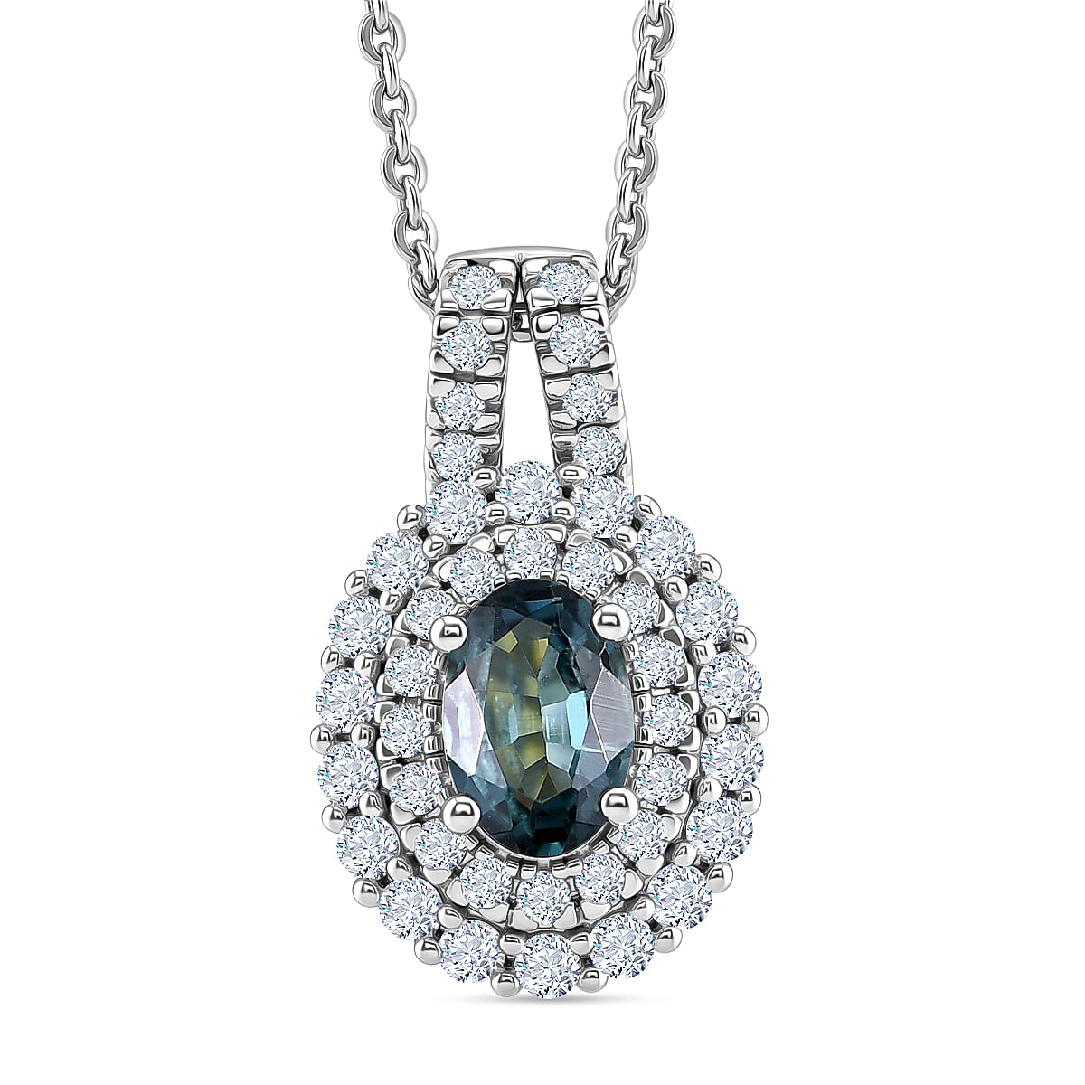 D'Joy Monte Belo Indicolite and Moissanite 1.50 ctw Sea Crown Pendant Necklace in Rhodium Over Sterling Silver 20 Inches