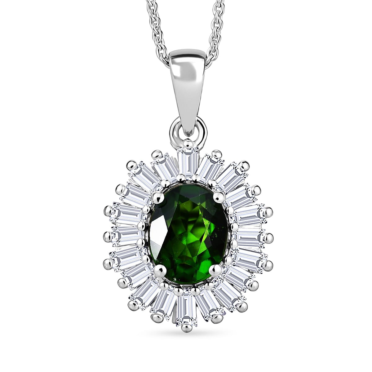 D'Joy Chrome Diopside and Moissanite 2.00 ctw Bloom Burst Pendant Necklace in Rhodium Over Sterling Silver 20 Inches